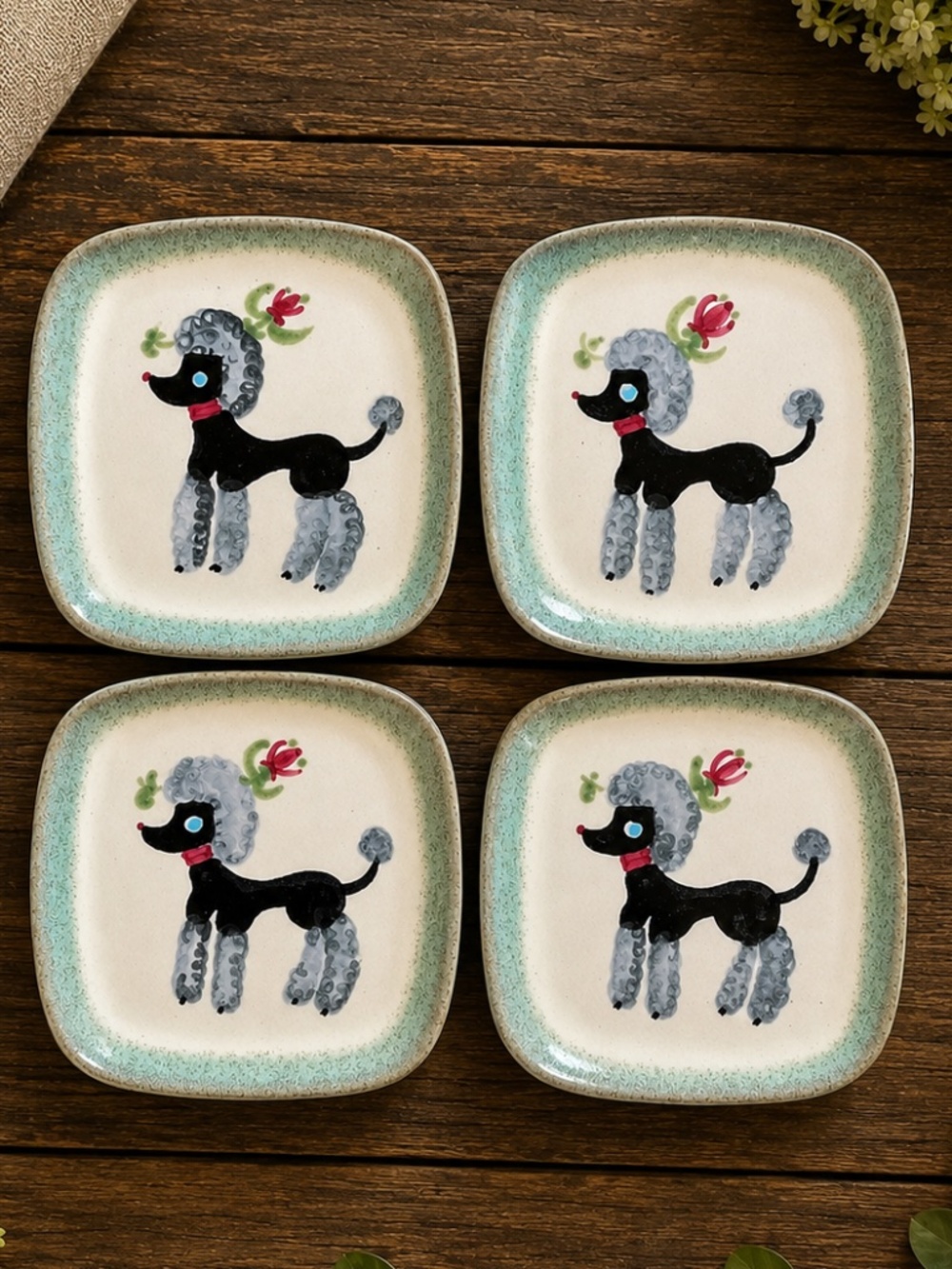 Glidden Poodle Pottery Plates Set of 4 Vintage 5 1/2” Mid Century 1950s Square